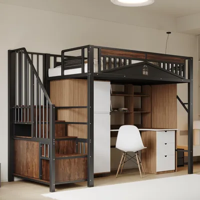 Obrázek produktu pro Patrová postel Flieks 90x200 cm se schody, podkrovní postel se skříní a úložným prostorem, dětská postel s ochranou proti vypadnutí a roštovým rámem, kovová postel jednolůžko, černá