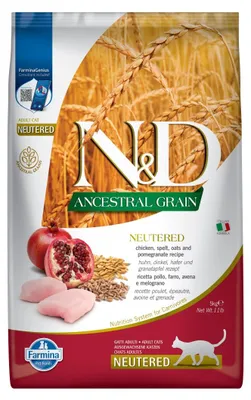 Zdjęcie produktu dla Farmina N&D Cat Ancestral Grain Chicken Neutered 5kg Karma Sucha Dla Kotów Kastrowanych Kurczak z Granatem