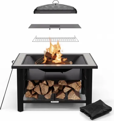Image de Blumfeldt Merano Avanzato Brasero Exterieur - 3-en-1 Brasero, Barbecue & Table, Plateau en Terrazzo, Cadre en Acier Robuste, Pare-Étincelles, Grille & Tisonnier Inclus, Idéal pour Jardin & Terrasse