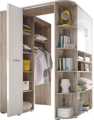 Produktbild von Kleiderschrank Eckschrank Schlafzimmerschrank Schrank begehbar "Lasmos I" Sandeiche / Weiß