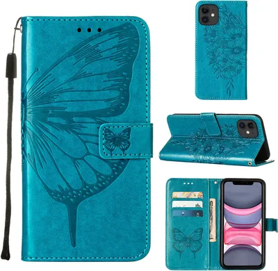 Produktbild von iPhone 11 Hülle, Schmetterling Prägung Flip Leder Kartenfächer Schutzhülle Ledertasche mit Ständer für iPhone 11 Blau
