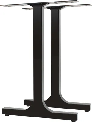 Two black metal table legs with a T-shaped base and a flat top plate with screw holes.
