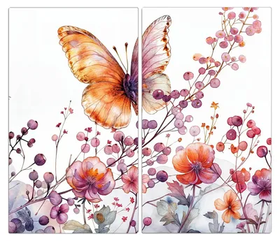 Produktbild von Spritzschutz Herdabdeckplatte Schneidebrett aus Glas Blumen und Schmetterlinge 2-Teilig (60x52cm)
