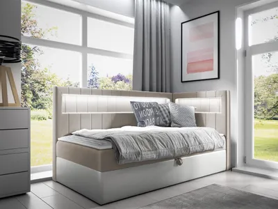 Produktbild von MIRJAN24 Boxspringbett Gold Junior 3 90x200, Einzelbett mit Bonellfederkern, Härtegrad - H3 (Farbe: Soft 017 + Fresh 01, Seite zum Öffnen des Bettkastens: Rechts)