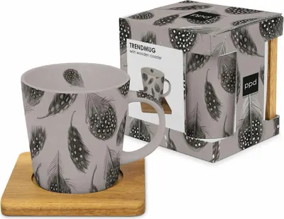 Immagine prodotto di PPD Feathers Trend Mug Nature, con sottobicchiere in legno, tazza, tazza da tè, tazza da caffè, 350 ml, 604560