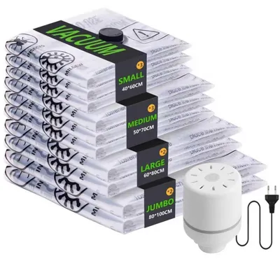 Immagine prodotto di Sacchetti sottovuoto per abbigliamento con pompa elettrica, confezione da 10 pezzi, 4 diverse dimensioni, riutilizzabili