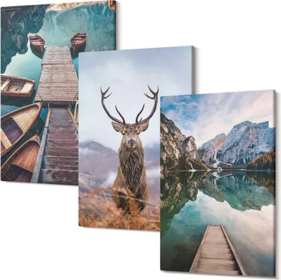 Produktbild von Leinwandbilder – Wandbilder – Leinwandbild – Canvas Bild – Polycanvas – Kunstdruck –  – Modern – Aufhängefertig – Mehrteilig – 3-Teilig – 40x60 Cm Pro Bild - See mit Booten, Hirschen und Berglandschaft