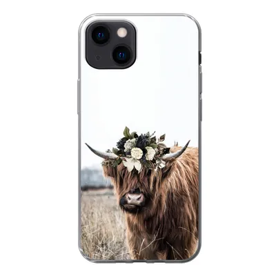 Produktbild von MuchoWow® Handyhülle Schutzhülle Hülle für iPhone 13 mini Schottischer Highlander - Blumen - Tiere Silikon Softcase Handy Hülle - Softcase