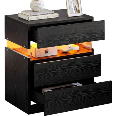 Immagine prodotto di IRONCK, comodino con piano più ampio e 3 cassetti, colore nero