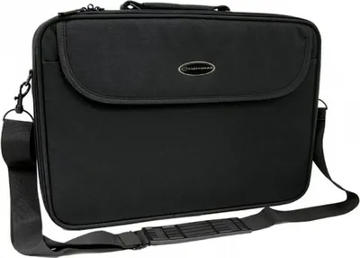 A black laptop bag with a shoulder strap is shown against a white background.