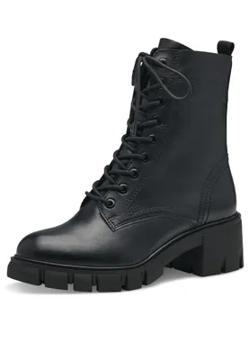 A black leather lace-up boot with a chunky heel and sole, shown from a side-front angle against a white background.