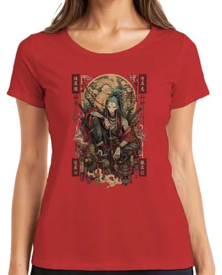 Produktbild von Samurai Ronin Katana Drache Japan Krieger Anime Tattoo Y2K Manga Damen T-Shirt, Rot, L
