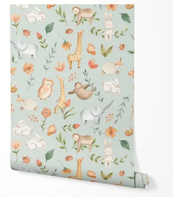 Zdjęcie produktu dla TAPETA NA ŚCIANĘ DZIECIĘCE ZWIERZĄTKA LISTKI KWIATKI DO POKOJU DZIECKA 10m x 0.5m