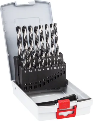 A set of drill bits in a plastic case.