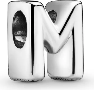 A close-up studio shot of a silver letter 'M' charm.