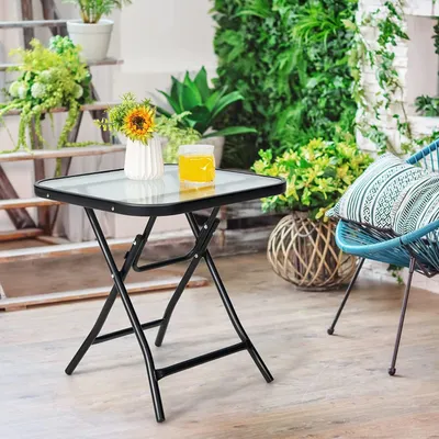 Immagine prodotto di COSTWAY Tavolino da bistrot, tavolino pieghevole, tavolino quadrato da giardino 46,5x46,5x42cm, tavolino con piano in vetro temperato, tavolino da balcone per terrazza, balcone, giardino