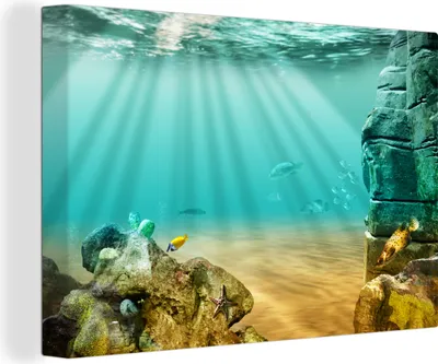 Produktbild von OneMillionCanvasses® - Leinwandbilder - 140x90 cm, Sonnenstrahlen leuchten unter dem Meer, Wandbilder Kunstdruck Wanddekoration - Foto auf Leinwand - Gemälde auf Holzrahmen