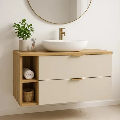 Produktbild von WENA Waschtischunterschrank 100 cm, gerade Fronten, Griffe aus Metall in der Farbe Gold (Farbe: Kaschmir/Eiche)