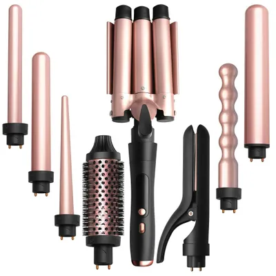 Produktbild von 8 in 1 Lockenstab Set, Lockenstab große Locken Lockenstäbe Einstellbare Temperatur Lockenwickler mit Welleneisen Keramikbeschichtung Curling Wand Set