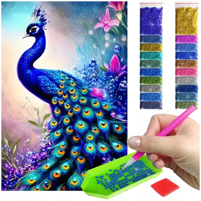 Zdjęcie produktu dla Haft diamentowy ARTULIO - Niebieski paw wśród kwiatów - 60 × 40 cm - Diamond painting, Kompletny zestaw: mozaika + akcesoria