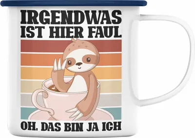 Produktbild von Trendation - Lustige Emaille Tasse Irgendwas Ist Hier Faul Geschenk Spruch Faultier Kollegein Kollege Geschenkidee Freundin Freund (Blau)