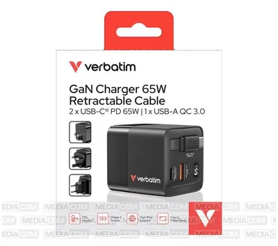 Produktbild von Verbatim GaN Charger 65W, Drinnen, AC, 20 V, 0,8 m, Schwarz