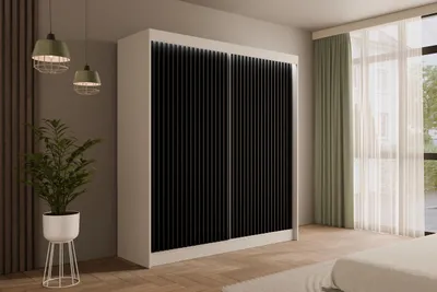 Produktbild von ALTDECOR Kleiderschrank mit Lamel-Schiebetüren,  Führungsschienen und Aluminium- Leisten, LED-Beleuchtung  und Fernbedienung - VILANv2 - 200 cm Weiß + Lamelle schwarz