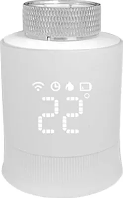 A white smart radiator thermostat with a digital display showing the temperature and icons.