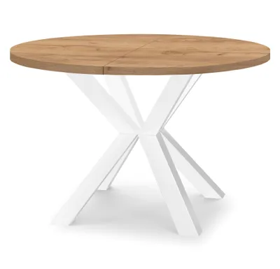 Produktbild von Runder Ausziehbarer Tisch für Esszimmer RAL mit Holzbeinen, Loft-Stil, Industriel, Durchmesser: 110 / 210 cm, Farbe: Eiche Craft Gold / Weiß