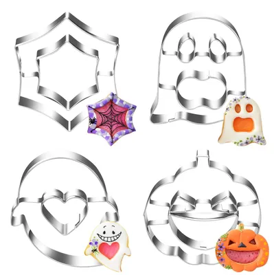 Productafbeelding van Halloween-koekvormen, set van 4, Halloween, koekvormen, koekvormen van roestvrij staal, spookjes en pompoenen voor taarten, gebak, koekjes en fondant