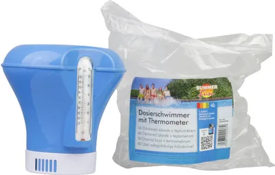 A blue and white pool chemical dispenser with a thermometer and its packaging.