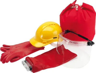 A collection of safety equipment, including a hard hat, gloves, and face shield, arranged on a white background.