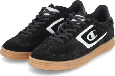 A pair of black Champion sneakers with white accents and a gum sole, shown against a white background.