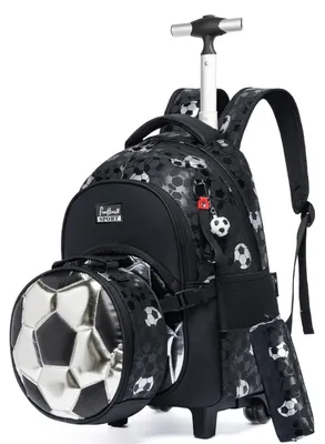 Produktbild von Schulranzen mit Rollen für Kinder, Fußball Design, Schwarz/Silber, 42x30x19cm
