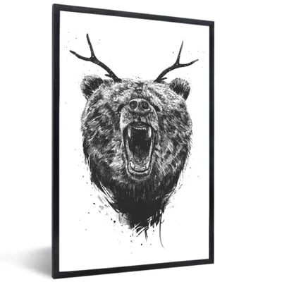 Produktbild von MuchoWow® Gerahmtes Poster Bär - Geweih - Tiere - Illustration 60x90 cm - Poster mit Schwarzem Bilderrahmen Wandposter Rahmen Foto Bilder - Kunst