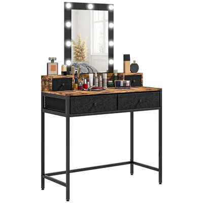 Produktbild von HOMCOM Schminktisch im Industriestil – integrierter verstellbarer LED-Spiegel – schwarzer Metallfuß – 4 Stoffschubladen – Abm. 90 L x 40 B x 148 H cm, dunkle Holzoptik