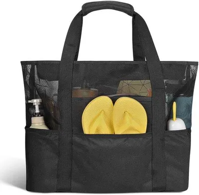 Produktbild von Ibenzoa® Extra große Strandtasche 35 L – 47 x 20,5 x 34,5 cm, Familien-Strandtasche mit Reißverschluss, 9 Fächer, wasserdichtes doppellagiges Nylon mit Mesh, bis 15 kg