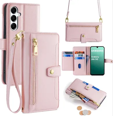 Produktbild von Handykette für Samsung Galaxy A16 Hülle mit Band Handyhülle Kartenfächer Kunstleder Umhängetasche in Rosa