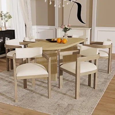 Image de Lot de 6 chaises de salle à manger Flieks, chaises de cuisine avec accoudoirs, chaises rembourrées avec revêtement en lin, chaise de salon, 57,5 x 60,5 x 78,5 cm, couleur naturelle