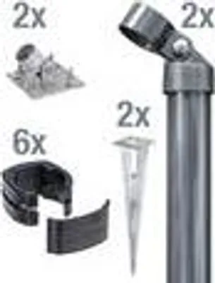 A collage of different fence mounting accessories and a section of a fence post.