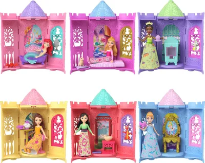 A collage of six different Disney Princess castle playsets, each featuring a different princess doll and accessories.