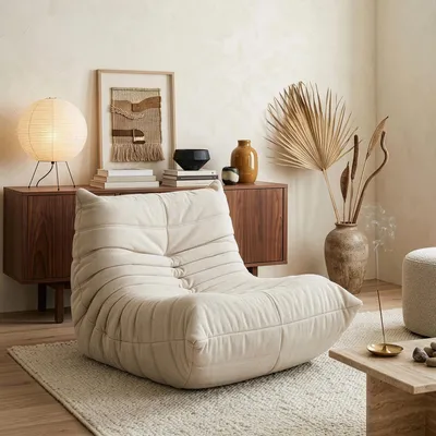 Immagine prodotto di Poltrona da terra 'Kodsø' imbottita con schienale 75 x 90 x 100 cm in ciniglia beige