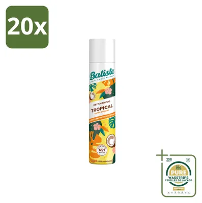 Imagen del producto de 20 unidades de champú seco Batiste Tropical, con aroma tropical, de 200 ml cada uno. Pack de ahorro
