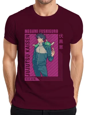 Zdjęcie produktu dla Męska koszulka Megumi Fushiguro Jujutsu Kaisen Shikigami Anime Gift Retro, bordowy, M