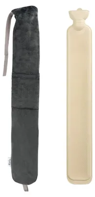 Produktbild von Lange Gummi-Wärmflasche mit grauem Bezug für Nacken, Schultern und Bauch