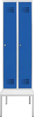 Produktbild von STIER Garderobenspind Premium mit Sitzbankuntergestell 2 Abteile Drehriegel lichtgrau/enzianblau