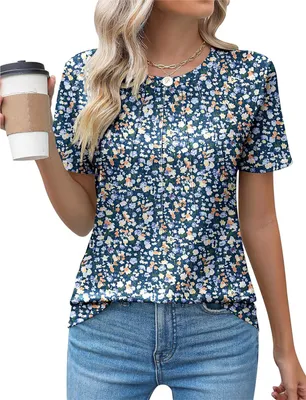 Image de ASKSA T-shirt femme été manches courtes col rond Laessig Shirts Tops Tee Elegant Oberteile, Fleur bleue, Taille : XL