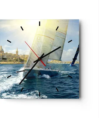Produktbild von Wanduhr - Quadrat - Glasuhr - Yacht Meer Welle - 40x40cm - Schleichendes Uhrwerk - Lautlos - zum Aufhängen bereit - Dekoration Modern - Wanddekoration aus Glas - C3AC40x40-4038