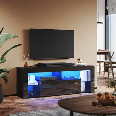 Produktbild von SONNI TV-Schrank Schwarz Hochglanz 140 x 35 x 45cm Ausgestattet mit RGB-Lichtleiste und Aufbewahrungsschrank