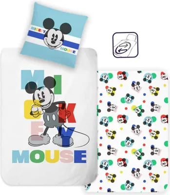 A collage of Disney Mickey Mouse bedding items, including a pillowcase and a duvet cover, with a small diagram showing how to use the bedding.